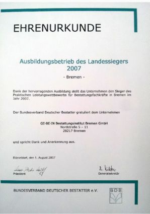 Ehrenurkunde für die Ausbildung des GE·BE·IN Bestattungsinstituts 2007